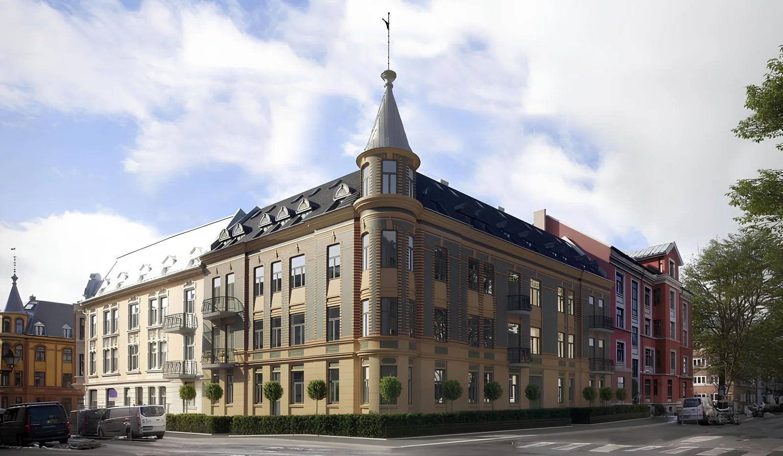 Fasaden til Carlén House, en historisk hjørnegård med tårn i Schultz' gate i Oslo